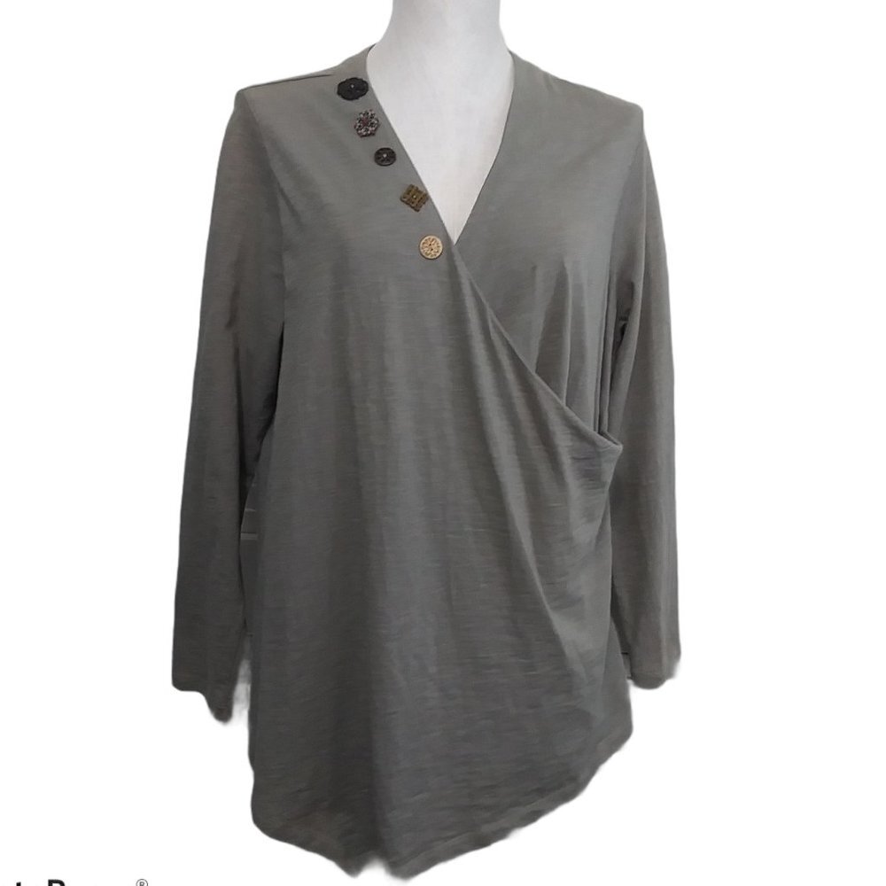 Soft Surroundings Top Petite Large Khaki Grey Surplice Button‎ Detail Wrap Style